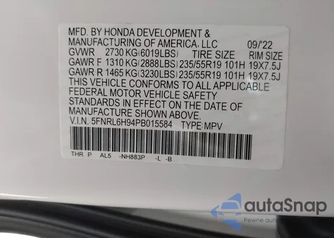 2023 Honda Odyssey Elite из США, поврежденный, VIN 5FNRL6H94PB015584